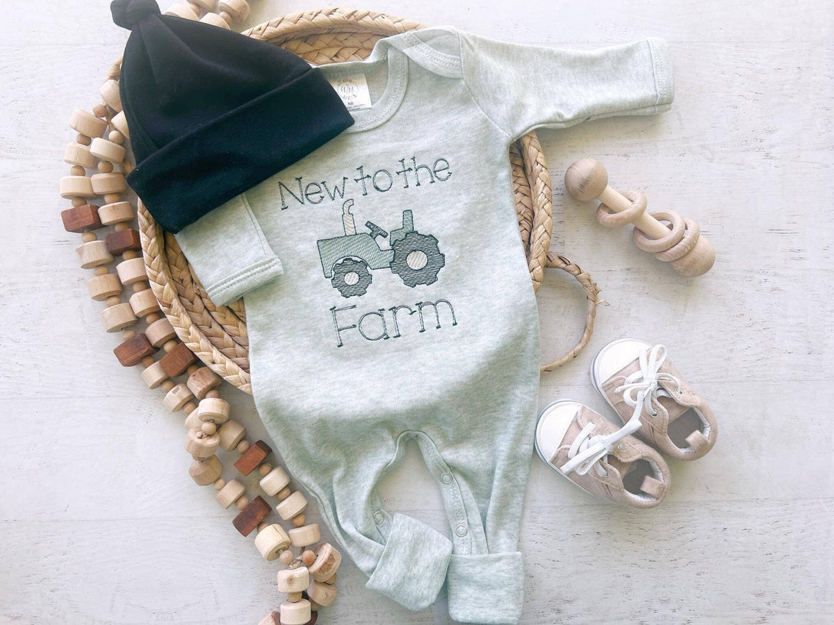 Baby Sage Romper | Baby Boy Outfit - Tractor New To The Farm