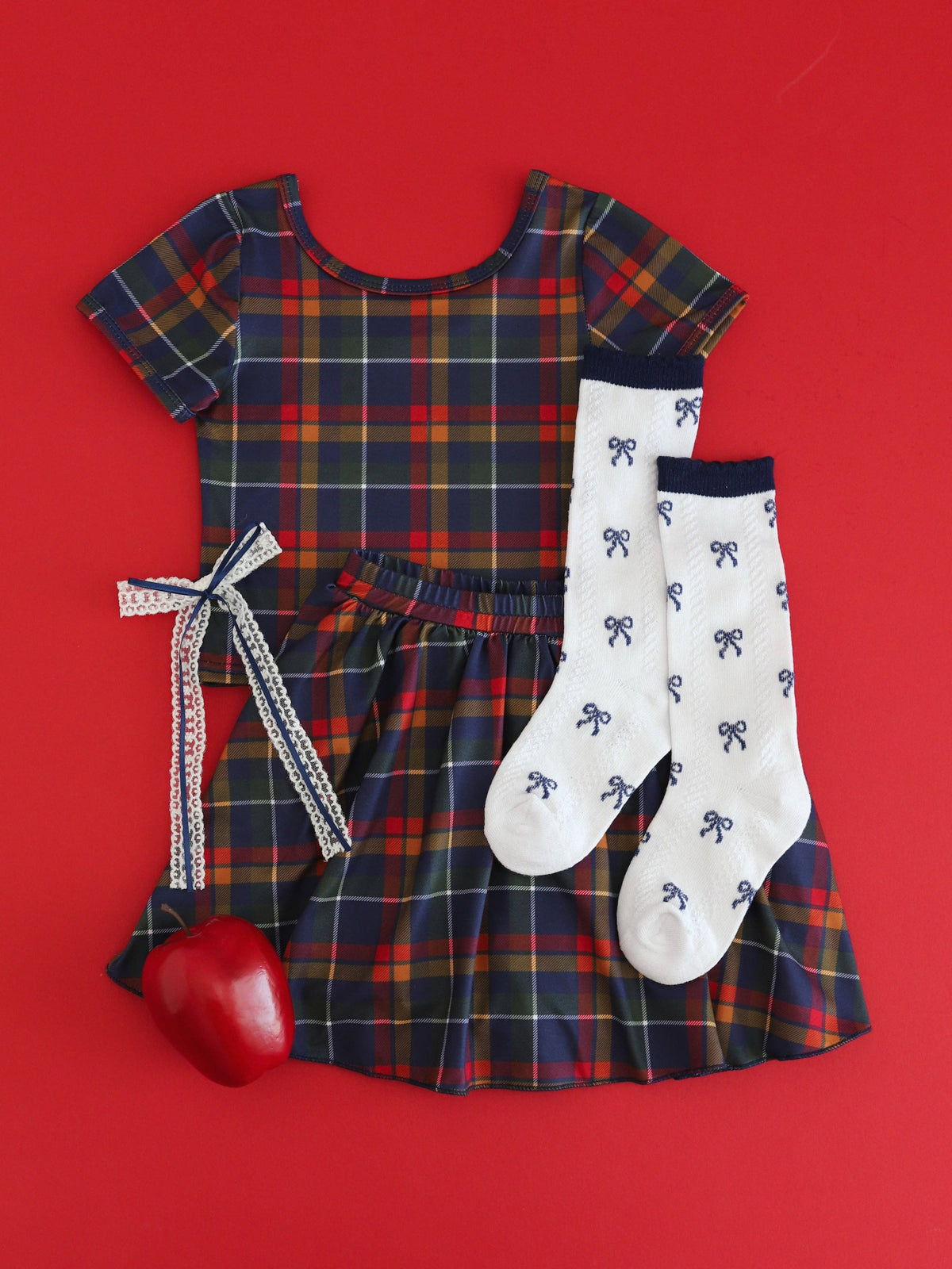 Navy Bow Scalloped Knee Socks
