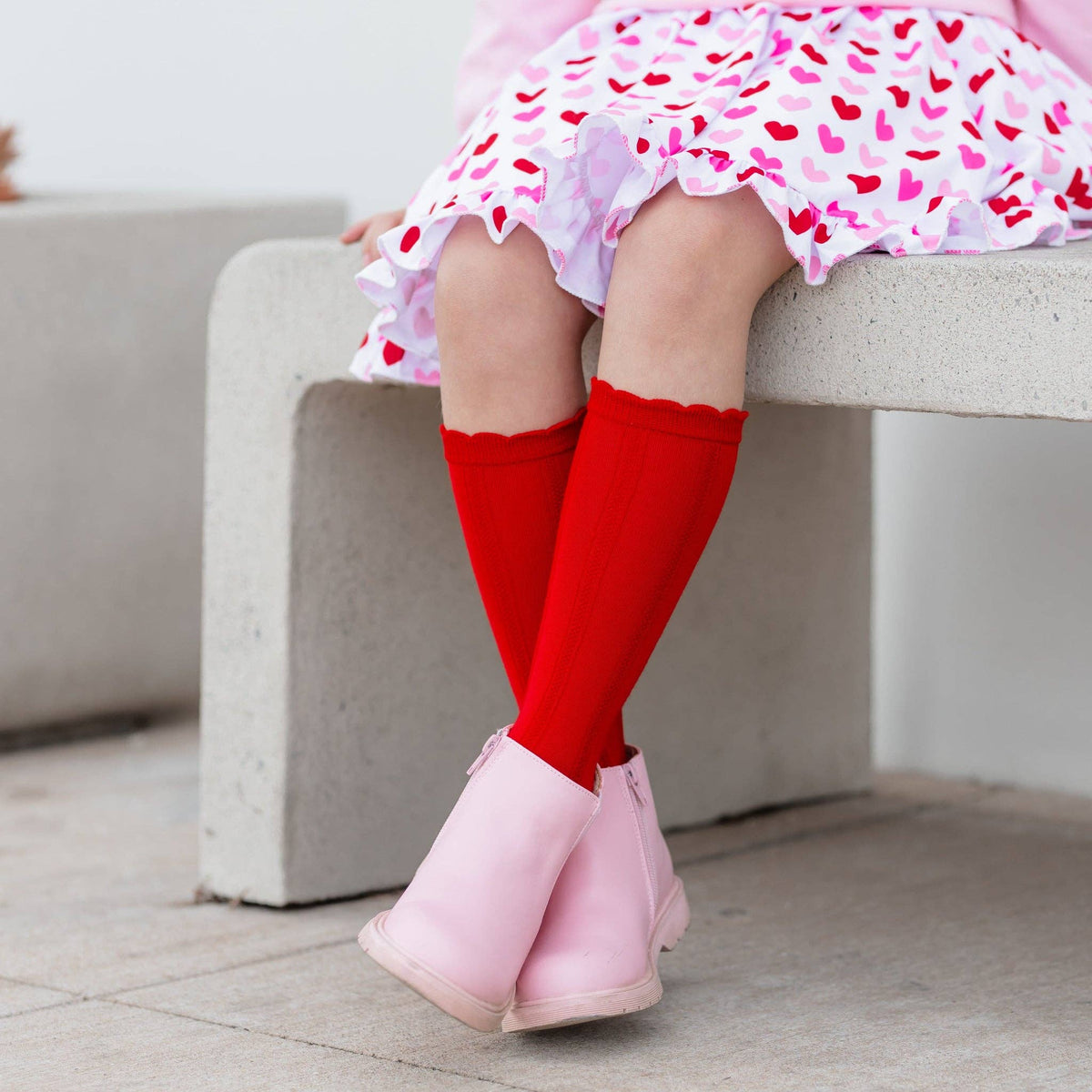 Bright Red Scalloped Knee High Socks