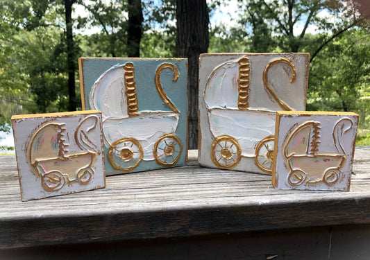Baby Carriage handmade textured wood block