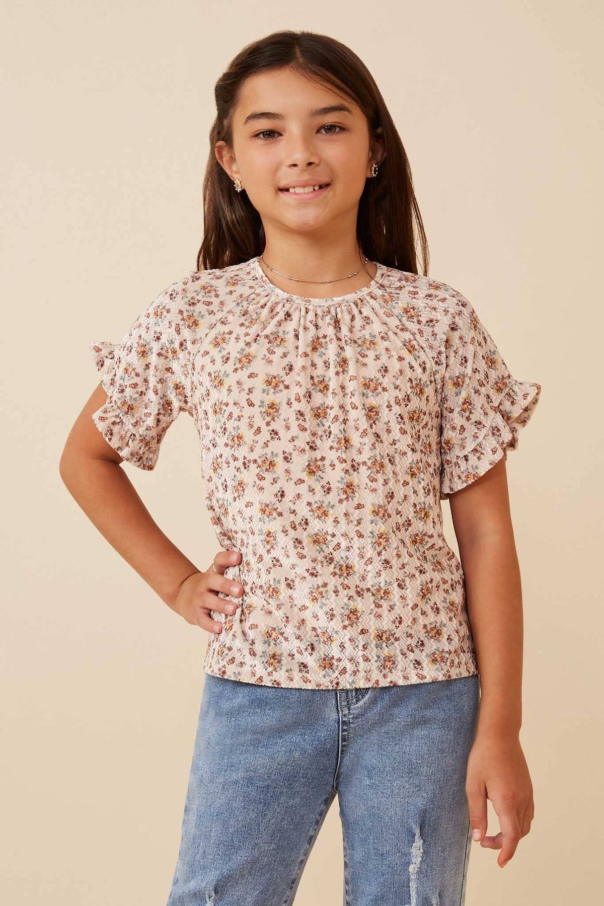 Girls Floral Print Velvet Top