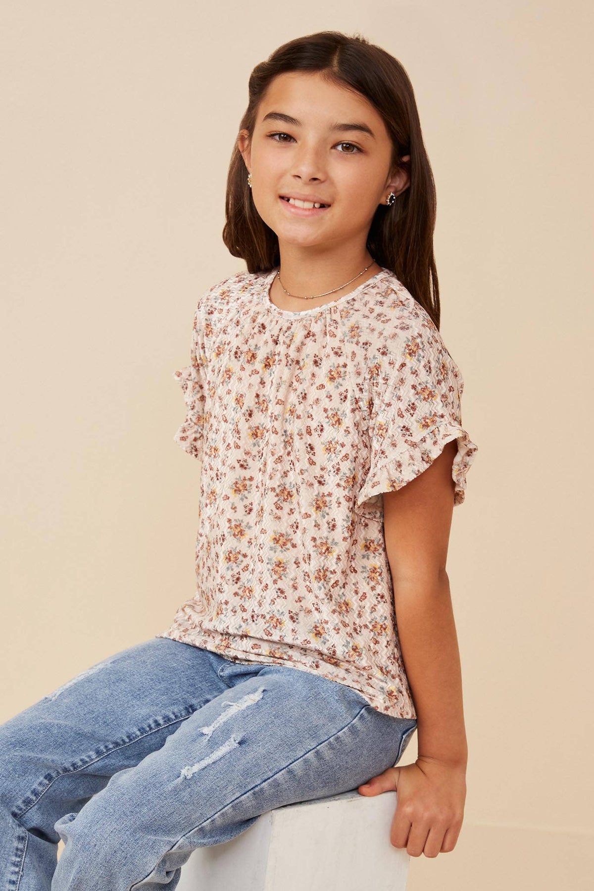 Girls Floral Print Velvet Top