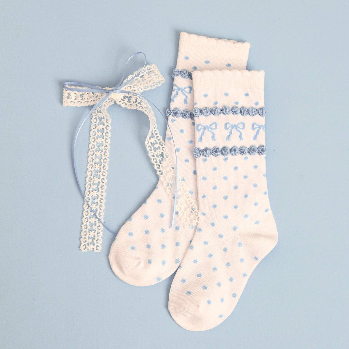 Blue Bow Scalloped Knee Socks